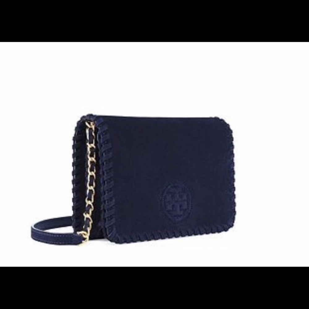 Tory Burch Navy Suede Marion bag. Retails $450. Barely used.  12” x 9” x 3.5”